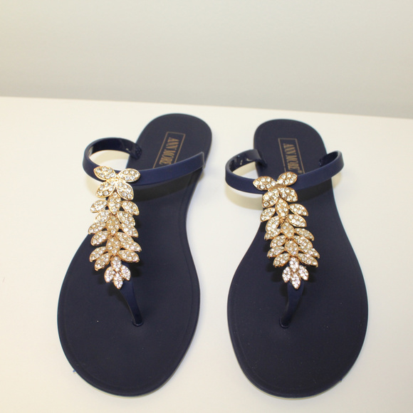 Womens Navy Blue Rhinestone Jelly Sandals - Picture 2 of 6